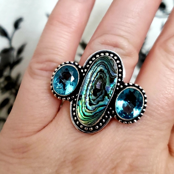 New Abalone Shell and Blue Topaz 925 Silver Ring. - Picture 2 of 8